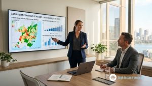 Blog 2 A property strategist australia professional presenting a long-term portfolio investment strategy and suburb growth data to a serious investor in a modern Australian office.